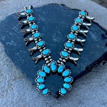 Load image into Gallery viewer, Bluebird Turquoise Squash Blossom Necklace with Matching Earrings