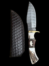 Load image into Gallery viewer, Gwynn Inlay 9” Damascus Fixed Blade Hunting Knife