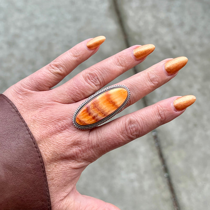 Orange Spiny Oyster Ring by Artie Yellowhorse, Size 7