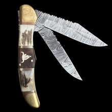 Load image into Gallery viewer, Gwynn Inlay 9” Damascus Steel Folding Double Blade Knife