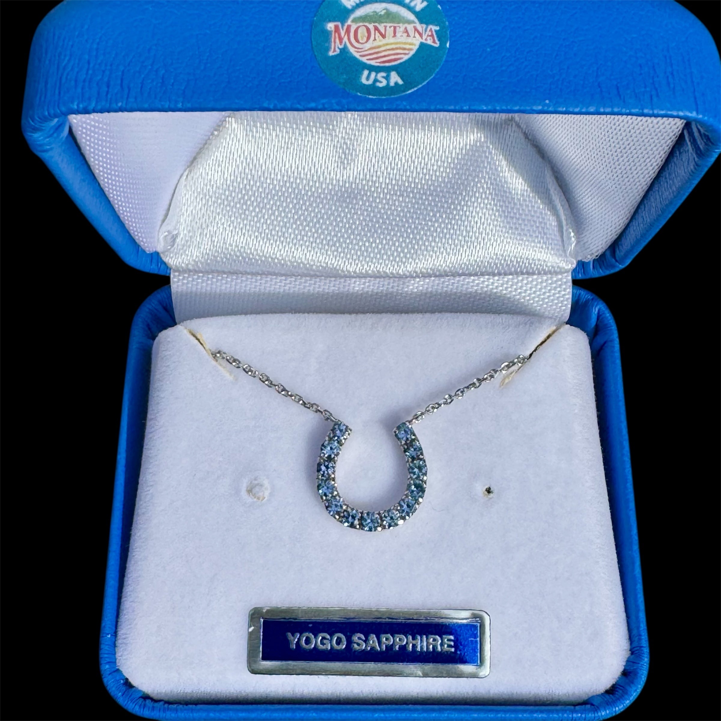 Montana Yogo Sapphire Horseshoe Necklace Pendant in White Gold Montana Yogo Sapphire Horseshoe Necklace Pendant in White Gold