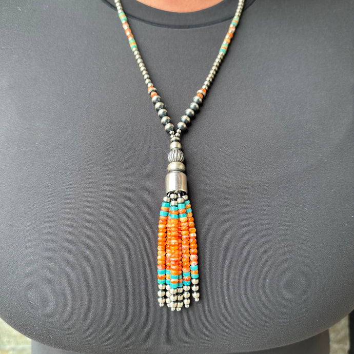 Spiny Oyster, Turquoise & Navajo Pearl Tassel Necklace