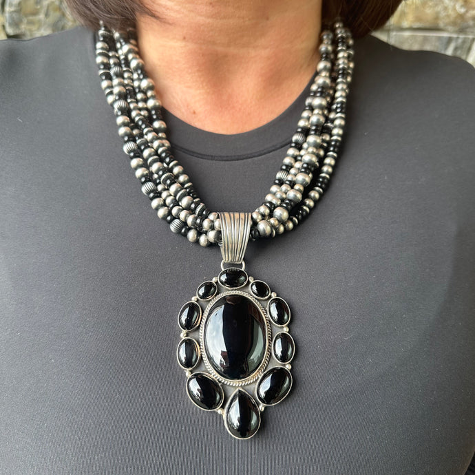 Black Onyx Pendant with 5 Strand Navajo Pearl & Onyx Necklace