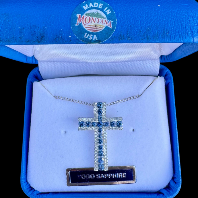 Montana Yogo Sapphire and Diamond Cross Pendant Necklace in Platinum ￼