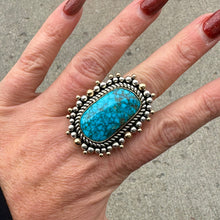 Load image into Gallery viewer, Morenci Turquoise Ring with 18k Gold Dots and Beads by Artie Yellowhorse, Size 9
