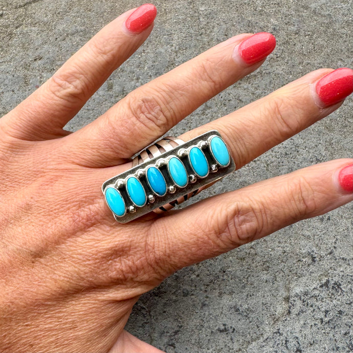 Kingman Turquoise 6 Stone Ring, Size 9