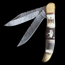 Load image into Gallery viewer, Gwynn Inlay 9” Damascus Steel Folding Double Blade Knife
