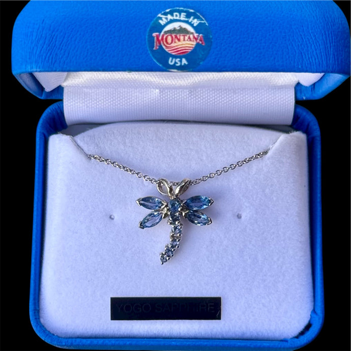 Montana Yogo Sapphire Dragonfly Pendant Necklace in White Gold