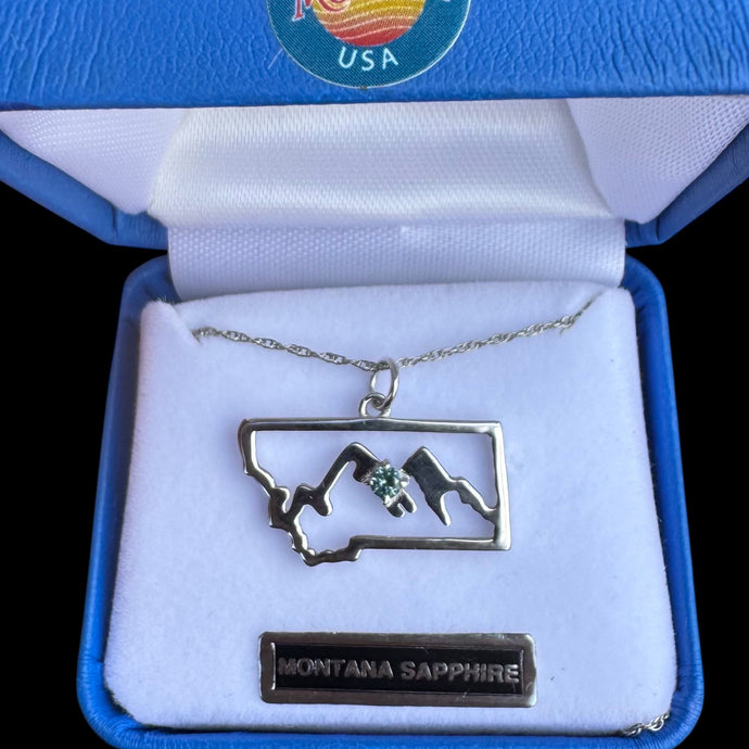 Montana Sapphire Mountain in State Necklace Pendant in Sterling Silver