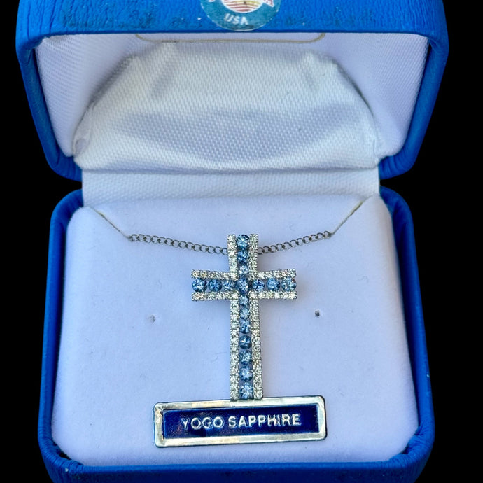 Montana Yogo Sapphire and Diamond Cross Pendant Necklace in Platinum ￼